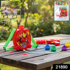 Handheld water gun connected to backpack water tank with pipe for kids