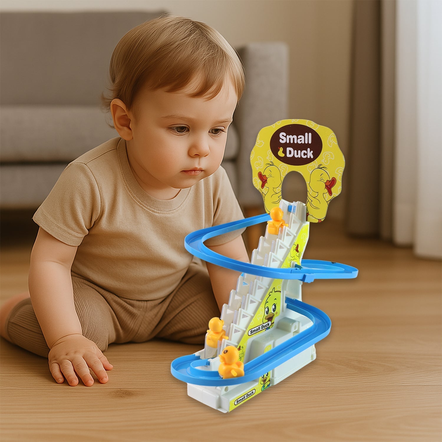 Lifestyle image of duck climbing stairs toy interactive playset