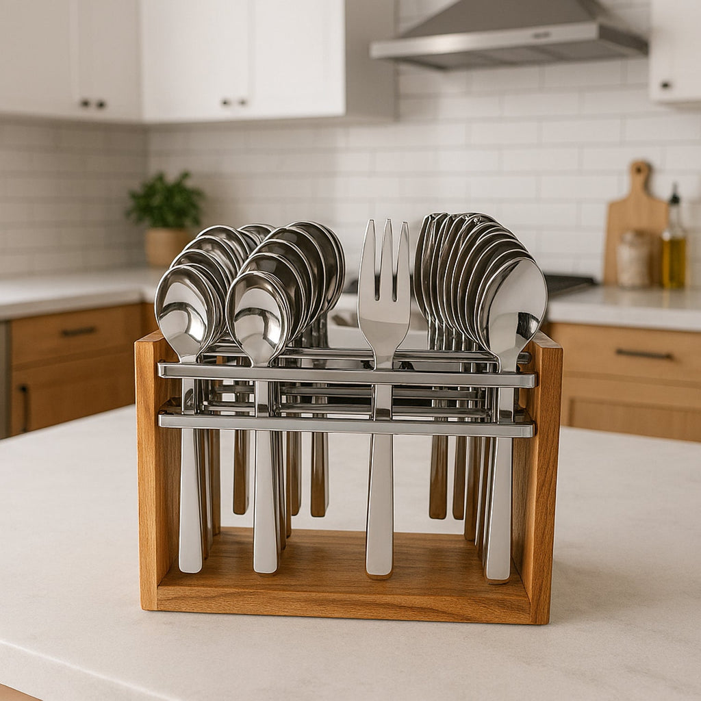 24-piece stainless steel cutlery set displayed on wooden stand
