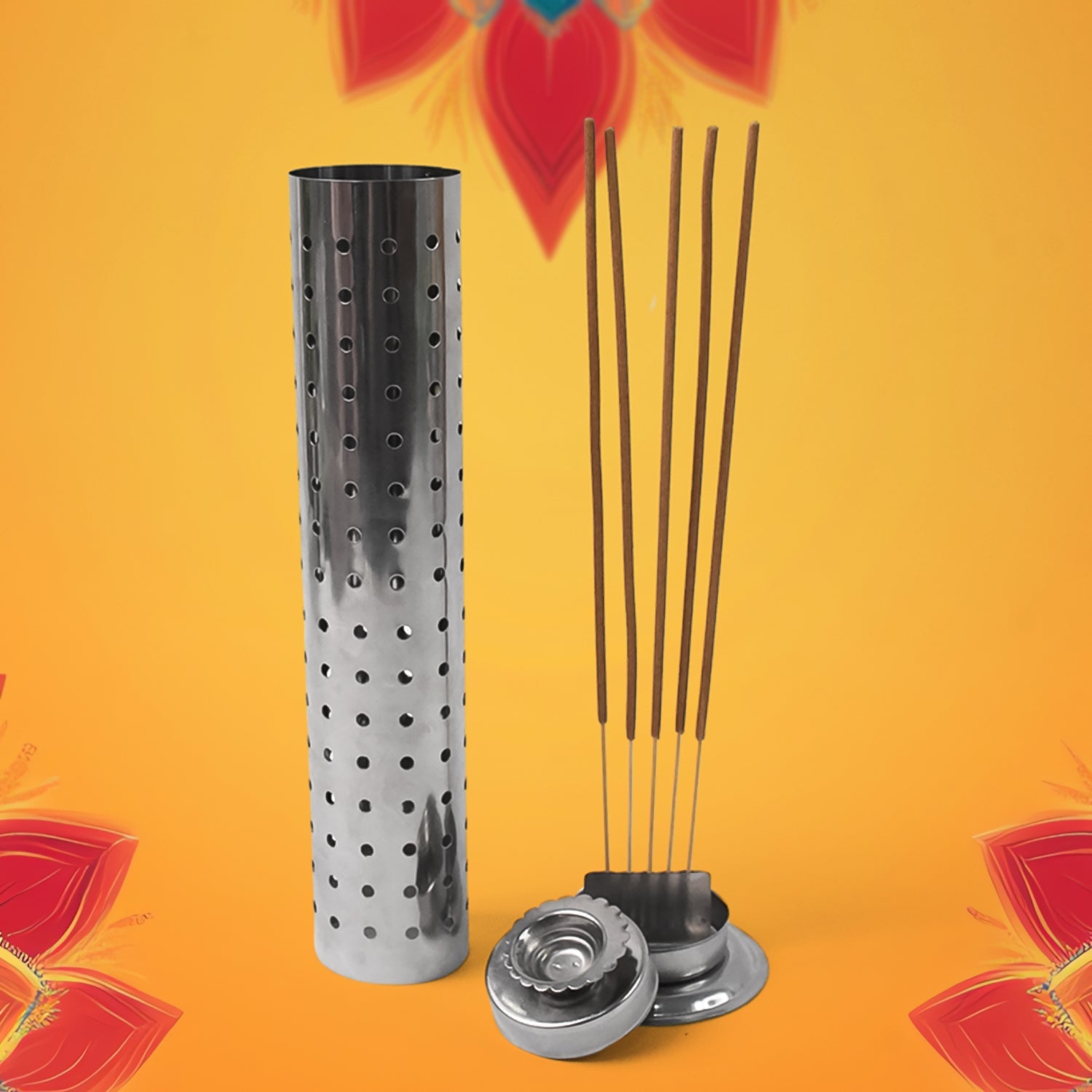 Close-up of stainless steel agarbatti stand as home temple essential