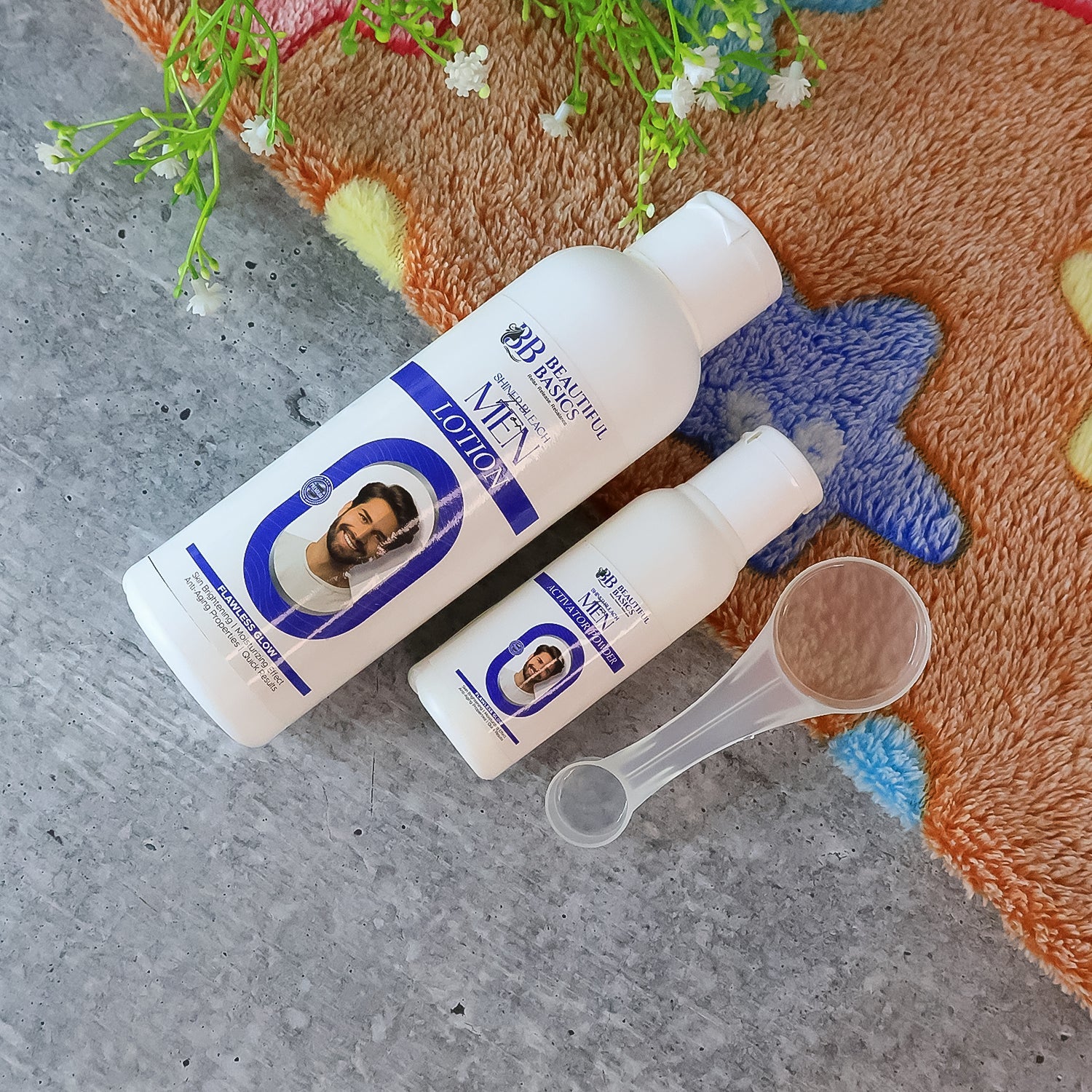 Natural skin brightening result using men's bleach cream and activator powder.