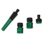 The complete 4-piece garden hose nozzle and tap connector set laid out.