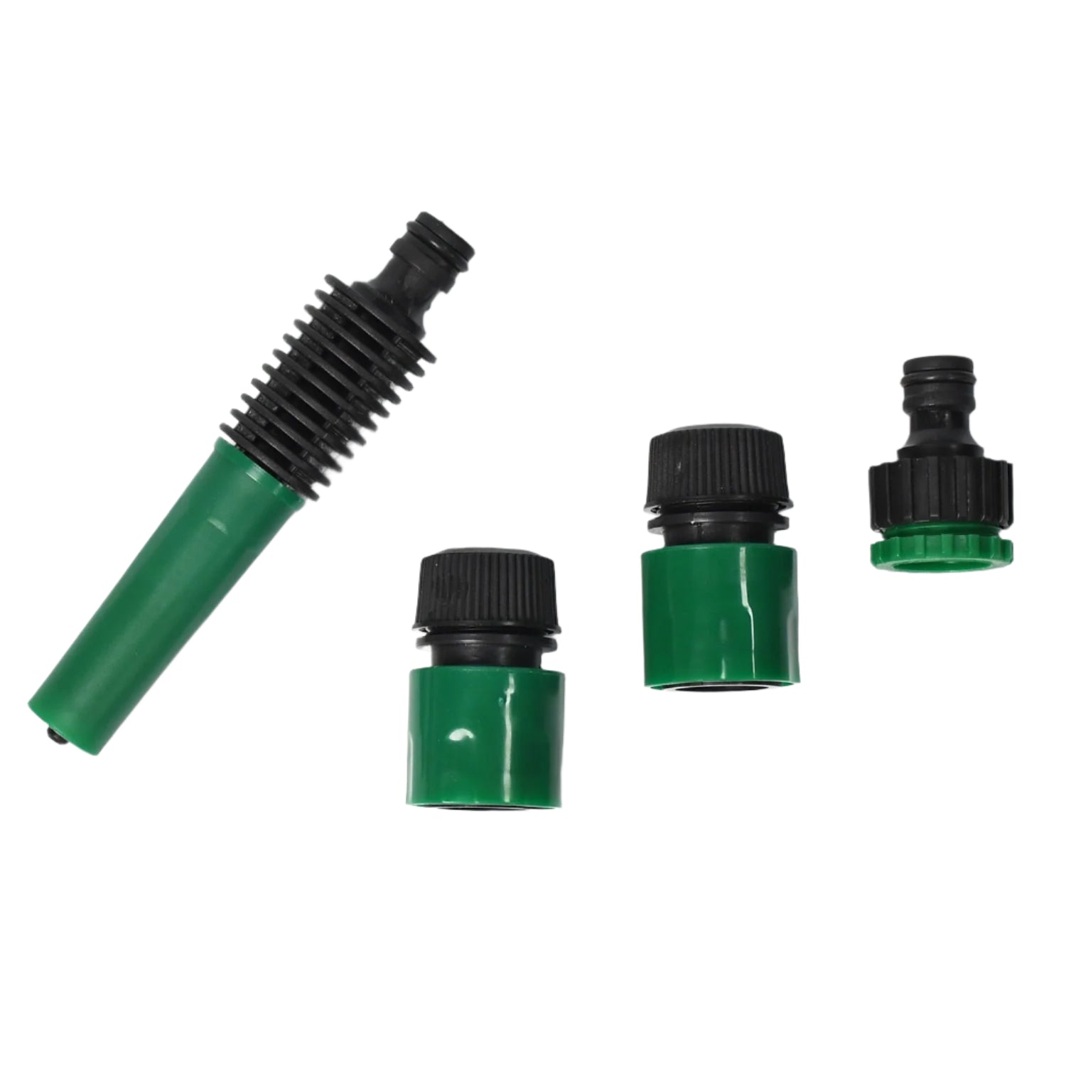 The complete 4-piece garden hose nozzle and tap connector set laid out.