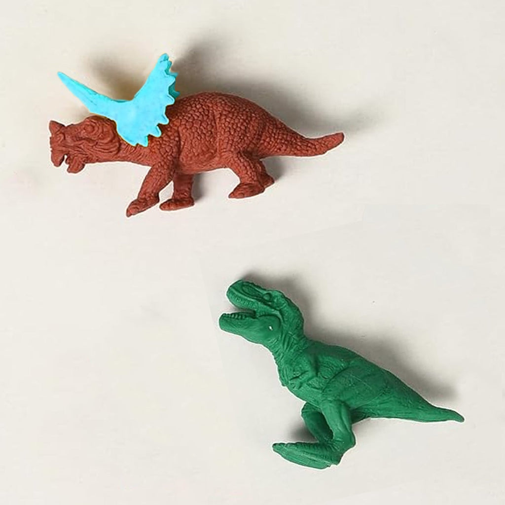 Dinosaur and egg-shaped puzzle erasers displayed from different angles.