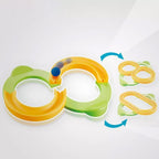 Close-up of the durable, non-toxic ABS pieces of the marble run toy set.