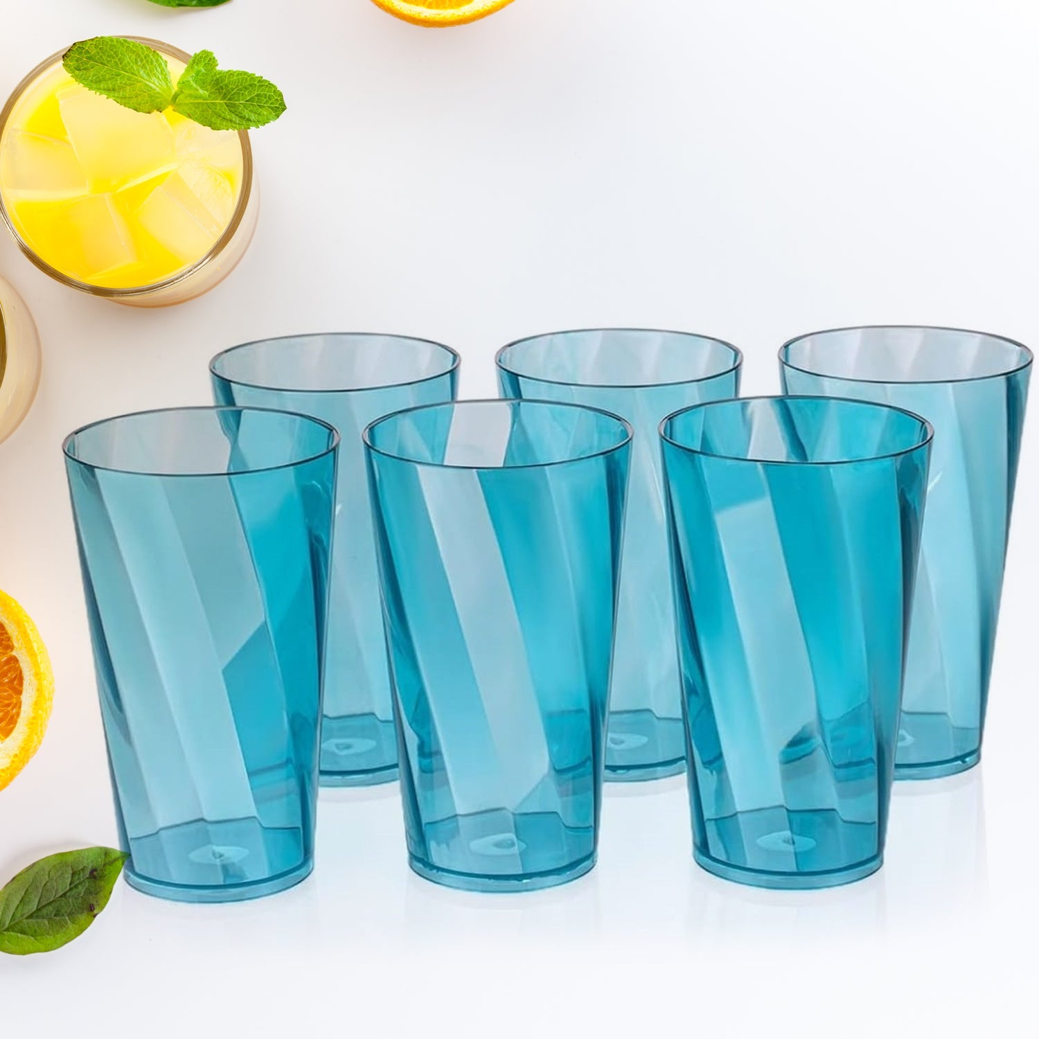 Set of six 300ml transparent drinking glasses on a table.