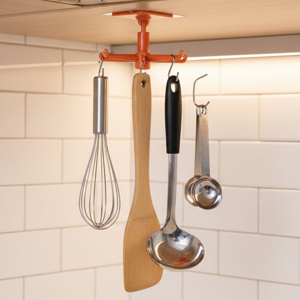 Wall-mounted orange kitchen hanging holder with hooks for utensils