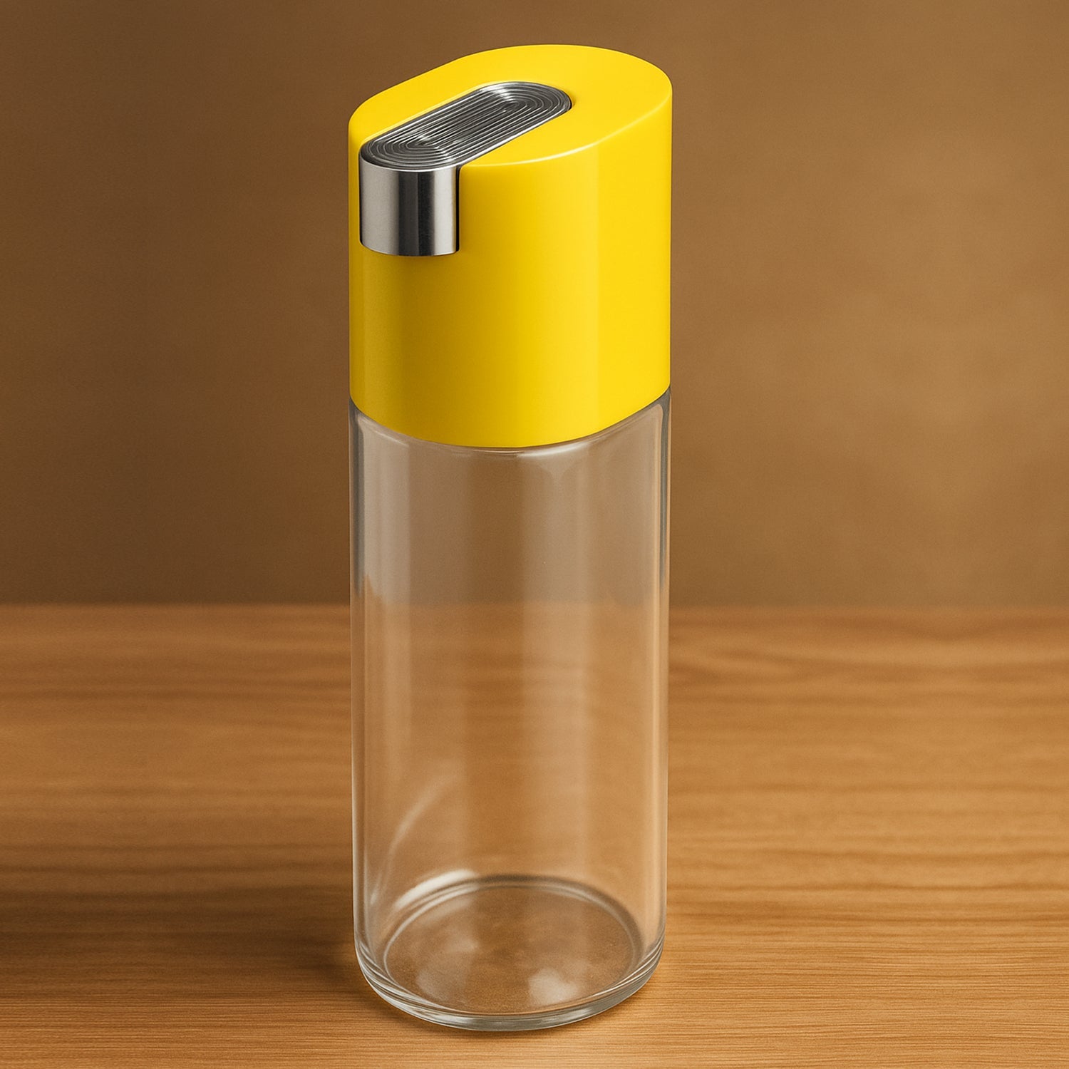 Ergonomic grip on one-touch oil dispensing bottle with yellow lid