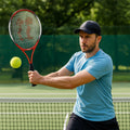 Professional tennis racket with lightweight aluminum frame in red and black design
