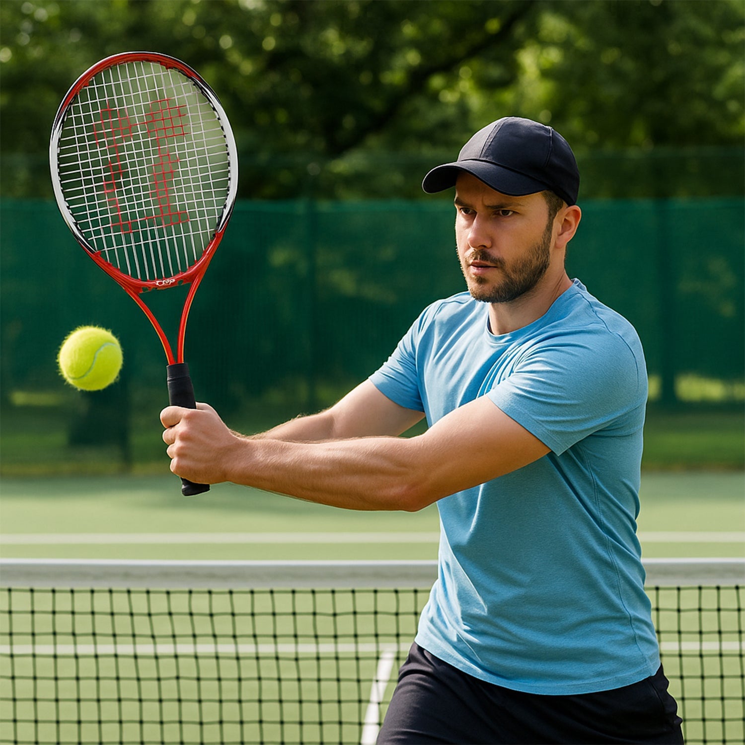 Professional tennis racket with lightweight aluminum frame in red and black design