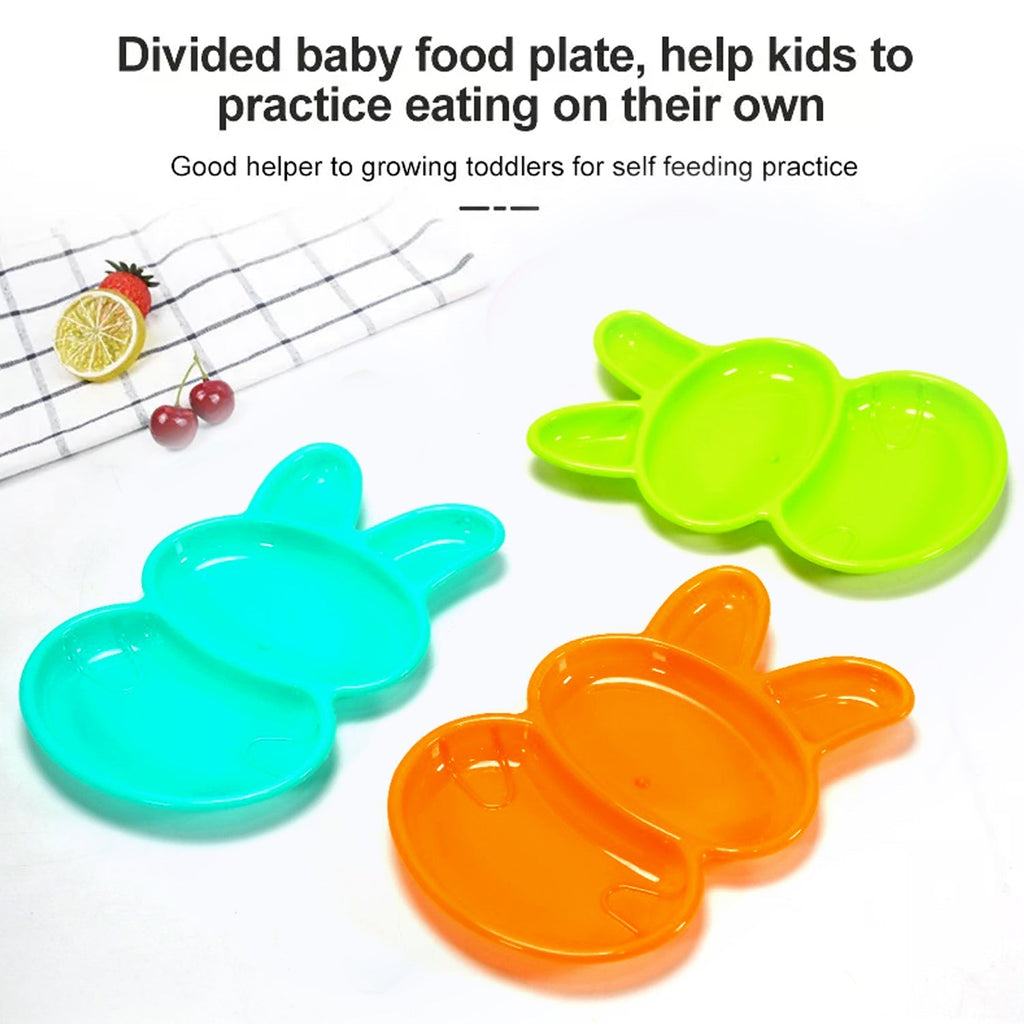 Close-up of the durable, colorful rabbit plates for children.