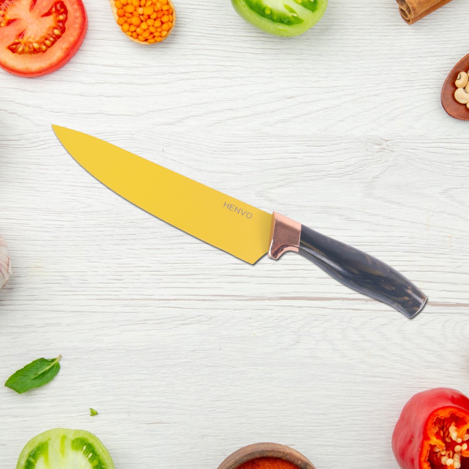 Yellow coated stainless steel blade close-up of kitchen knife set