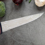 Angled view of kitchen cutting knife highlighting blade and handle design