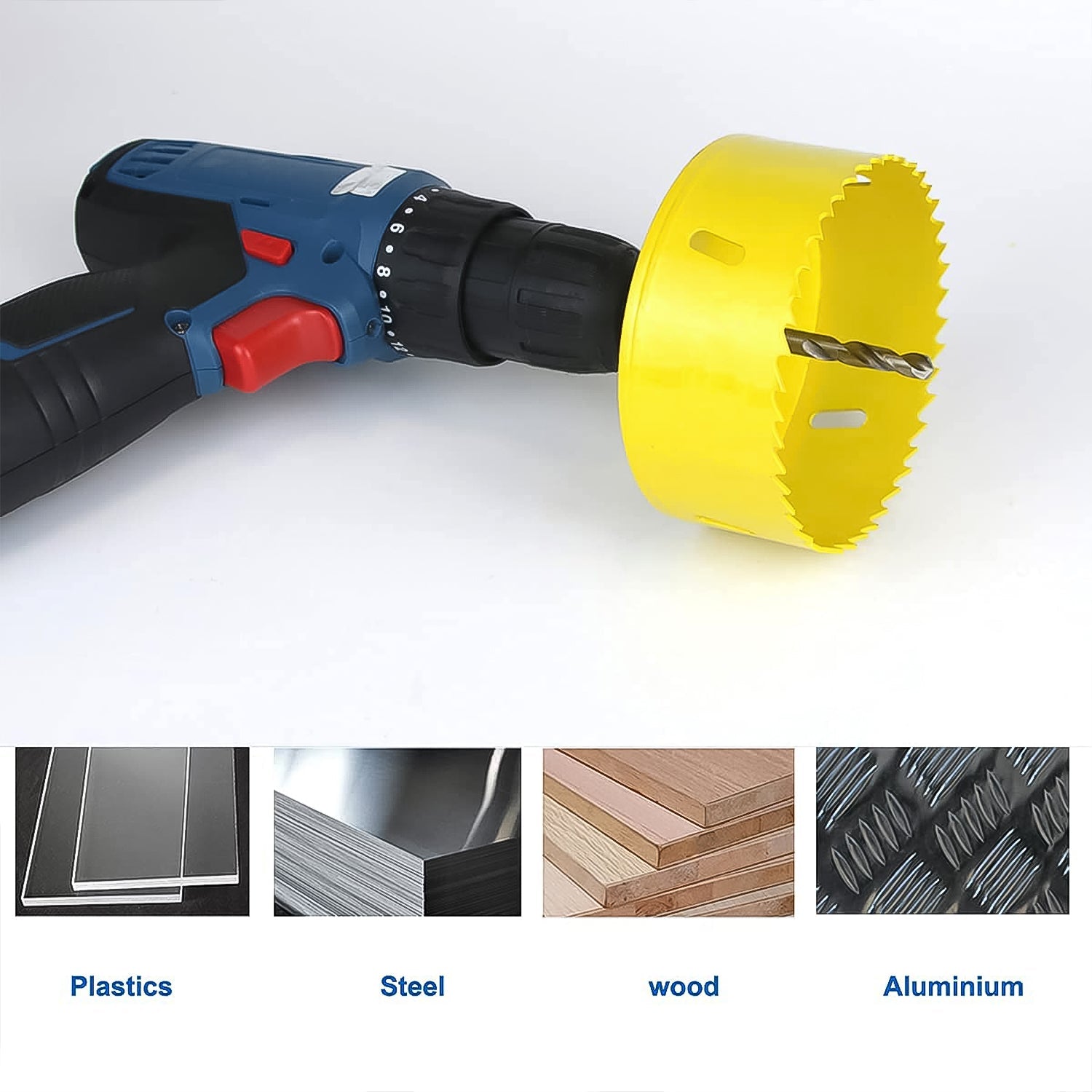 Detailed view of the carbon steel hole saw, a key part of the door lock installation kit.