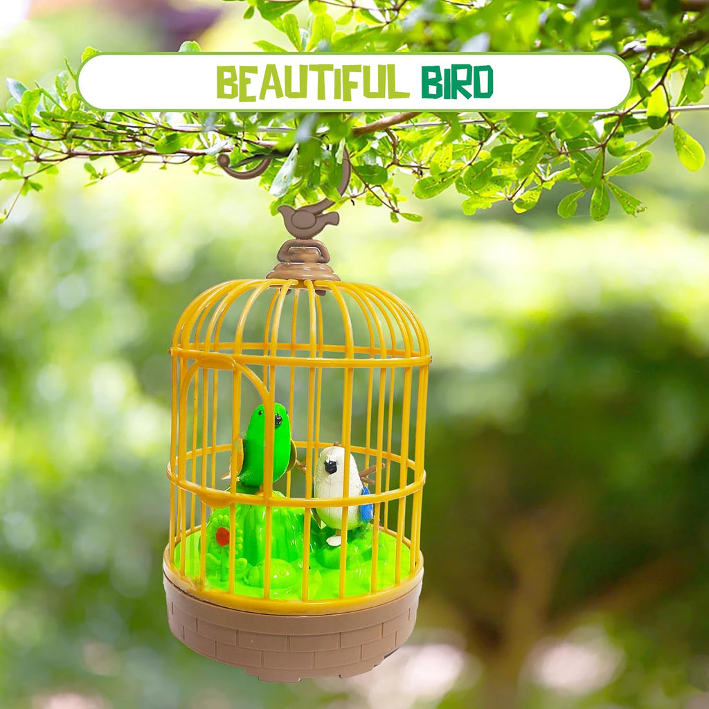 A child's hand activating the chirping bird toy, showcasing its realistic movements.