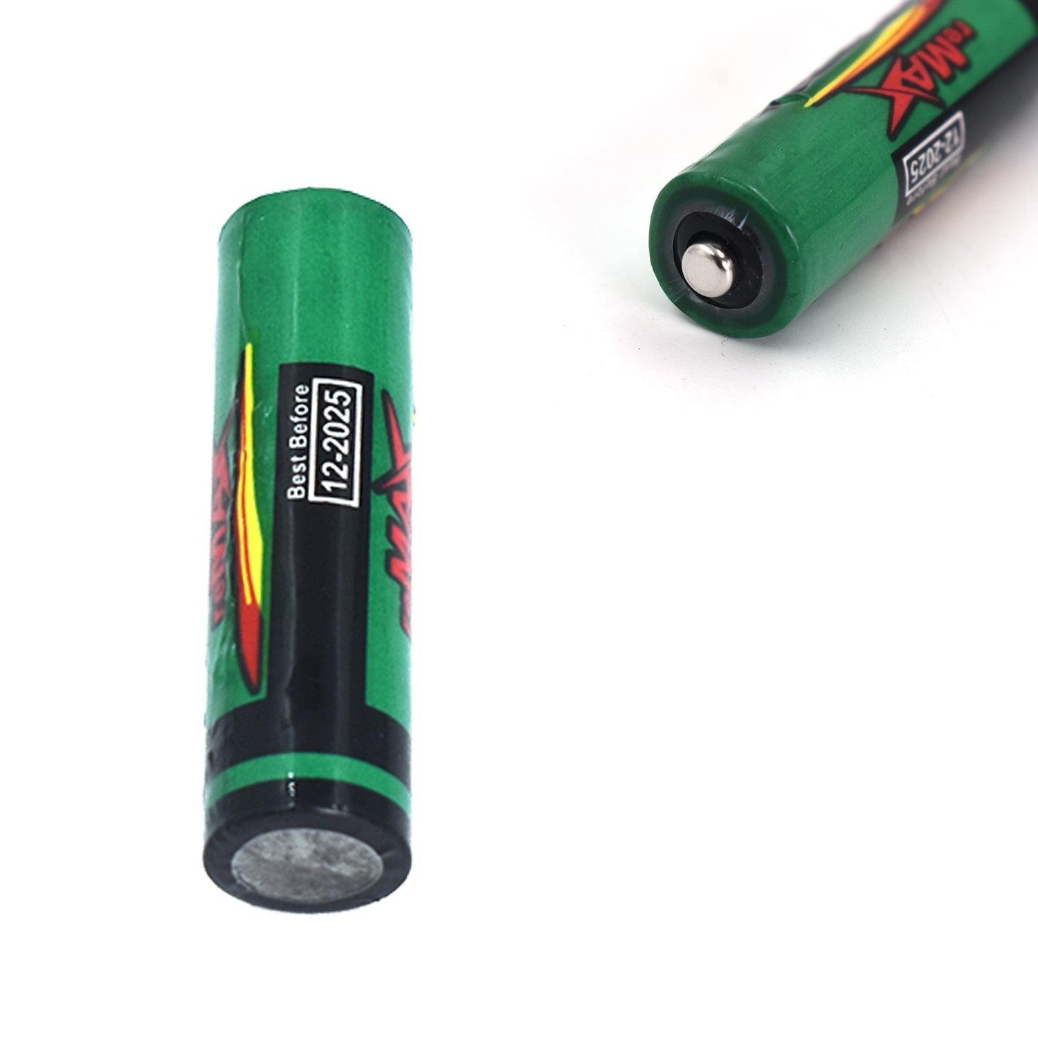 Close-up of a RaceCore AA Alkaline Battery, showcasing its sleek design and branding.