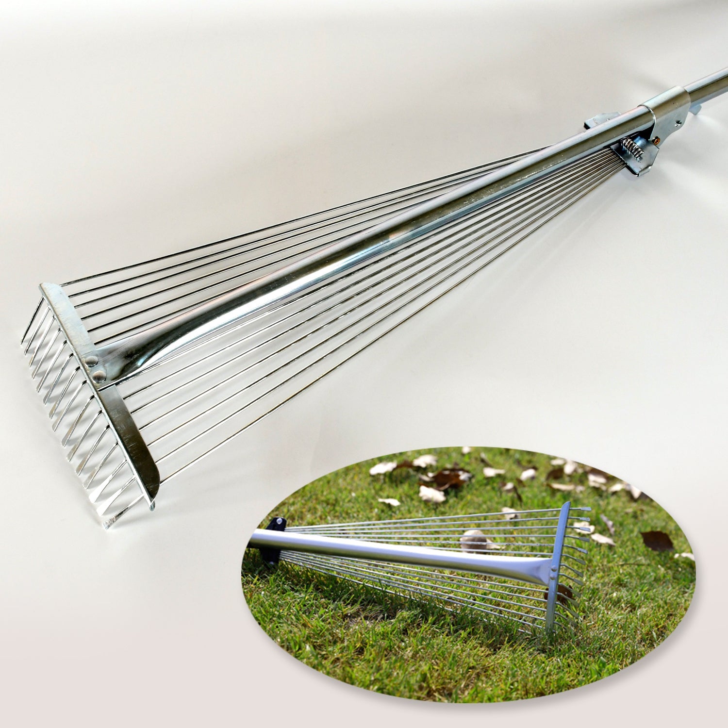 An adjustable garden rake effectively used for leaf gathering and debris cleanup on a lawn.
