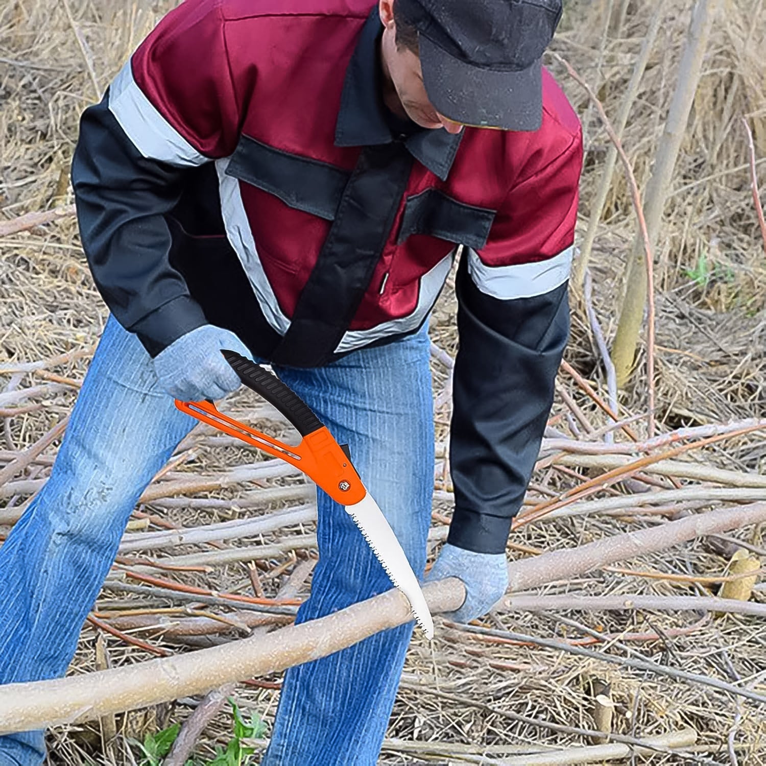 The 15-inch mini Folding Pruning Saw in its folded, compact state, highlighting its portability and safety lock.