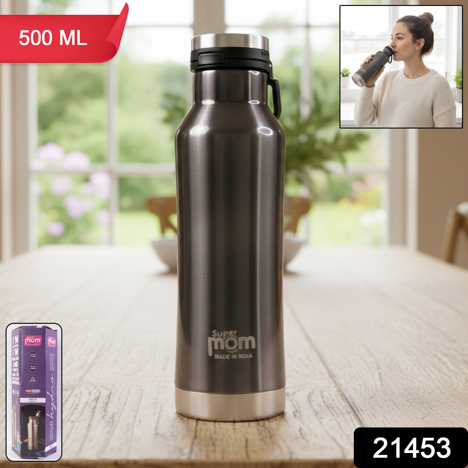 Stainless steel thermo water bottle designed to keep drinks hot or cold