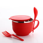 Complete view of the steel noodle bowl, lid, spoon, and fork set.