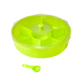 Airtight Dry Fruit & Masala Box with a transparent lid and spoon on a kitchen counter.
