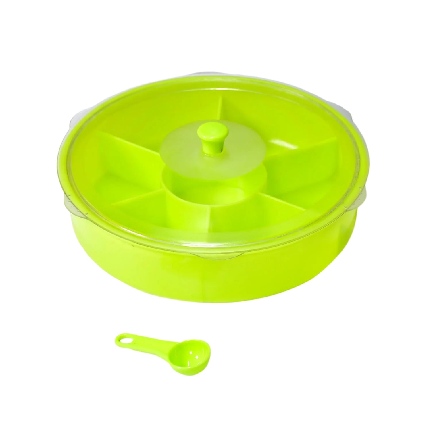 Airtight Dry Fruit & Masala Box with a transparent lid and spoon on a kitchen counter.