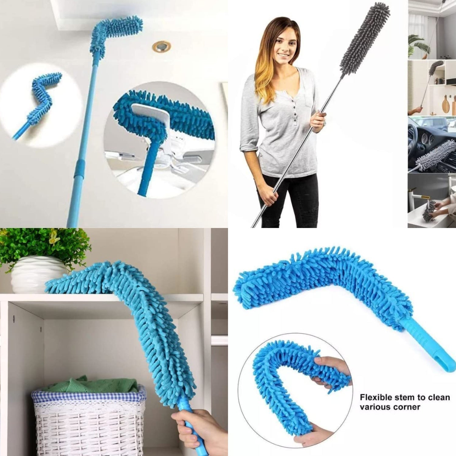 Adjustable dust brush cleaning a ceiling fan effectively.
