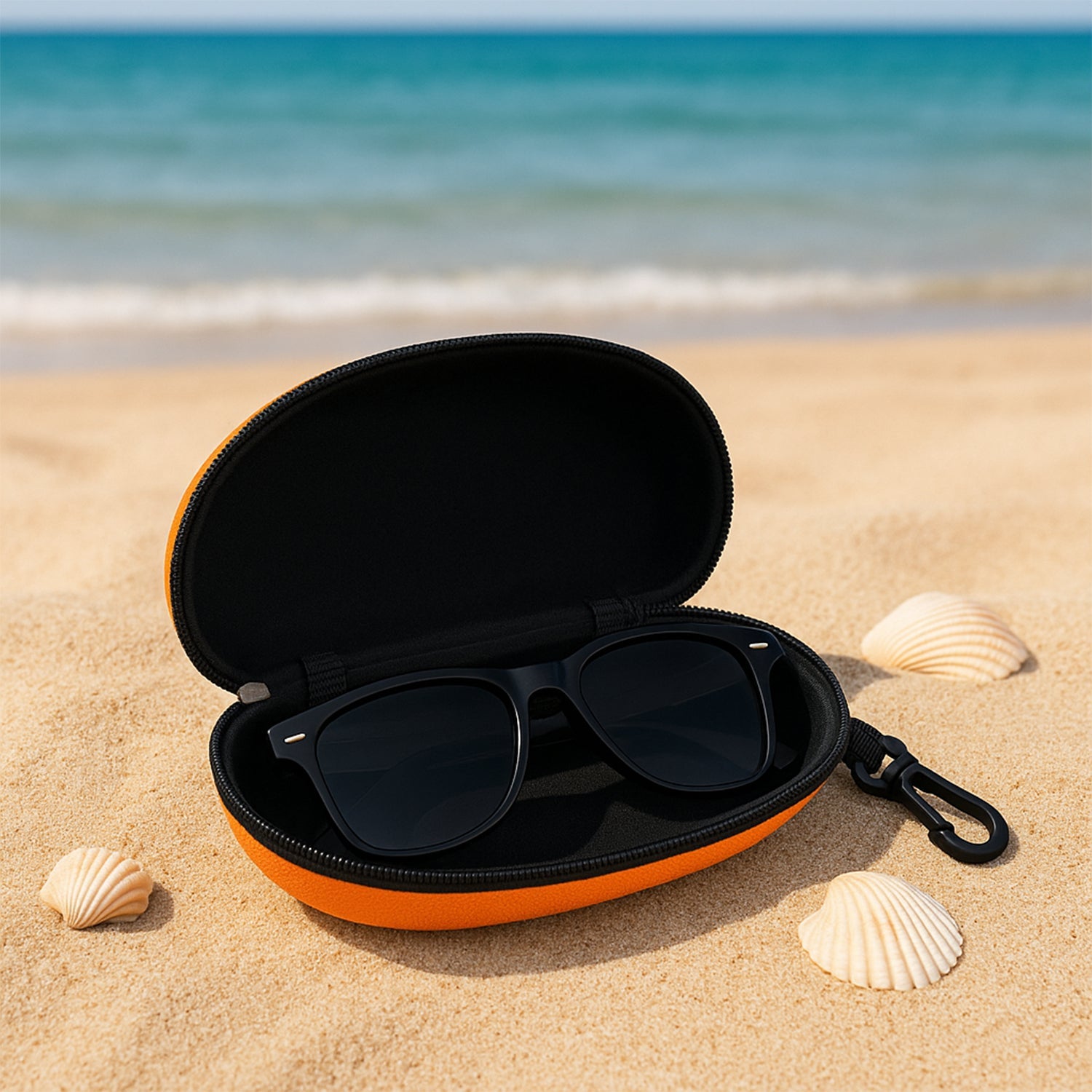 The black zipper sunglasses case shown closed from a slight angle, highlighting its sleek exterior.