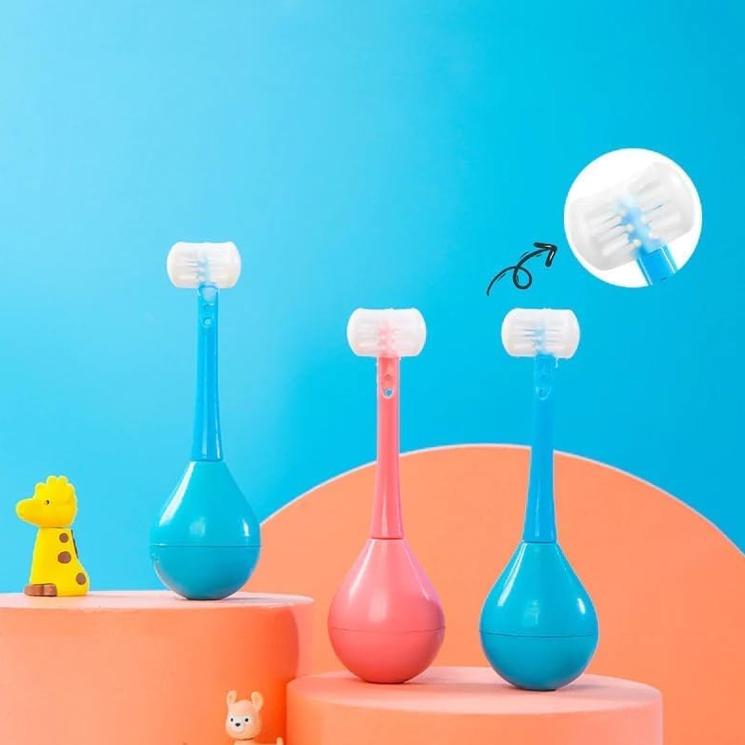 Close-up of the innovative 3-sided toothbrush head with soft silicone bristles for kids.