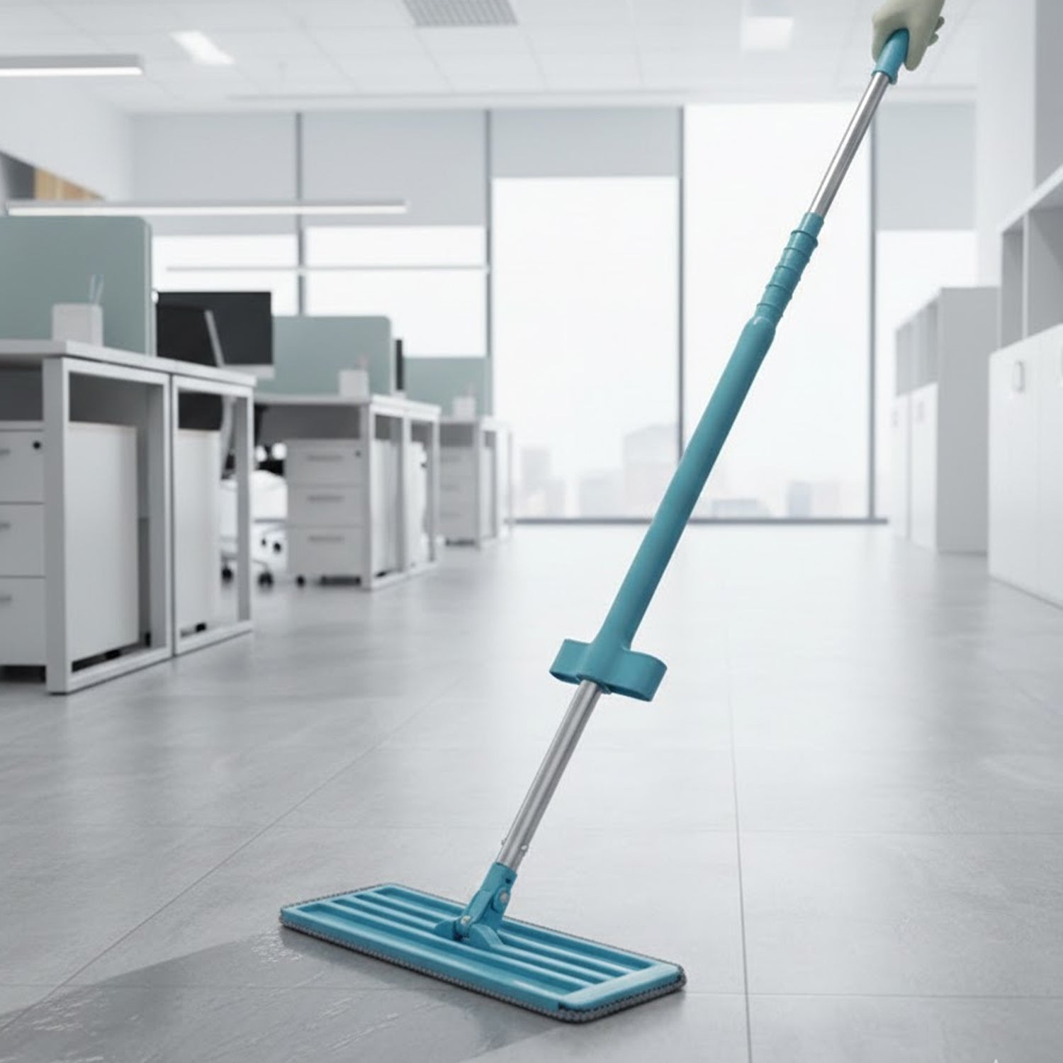 Ergonomic long handle of flat floor cleaning mop for comfortable grip