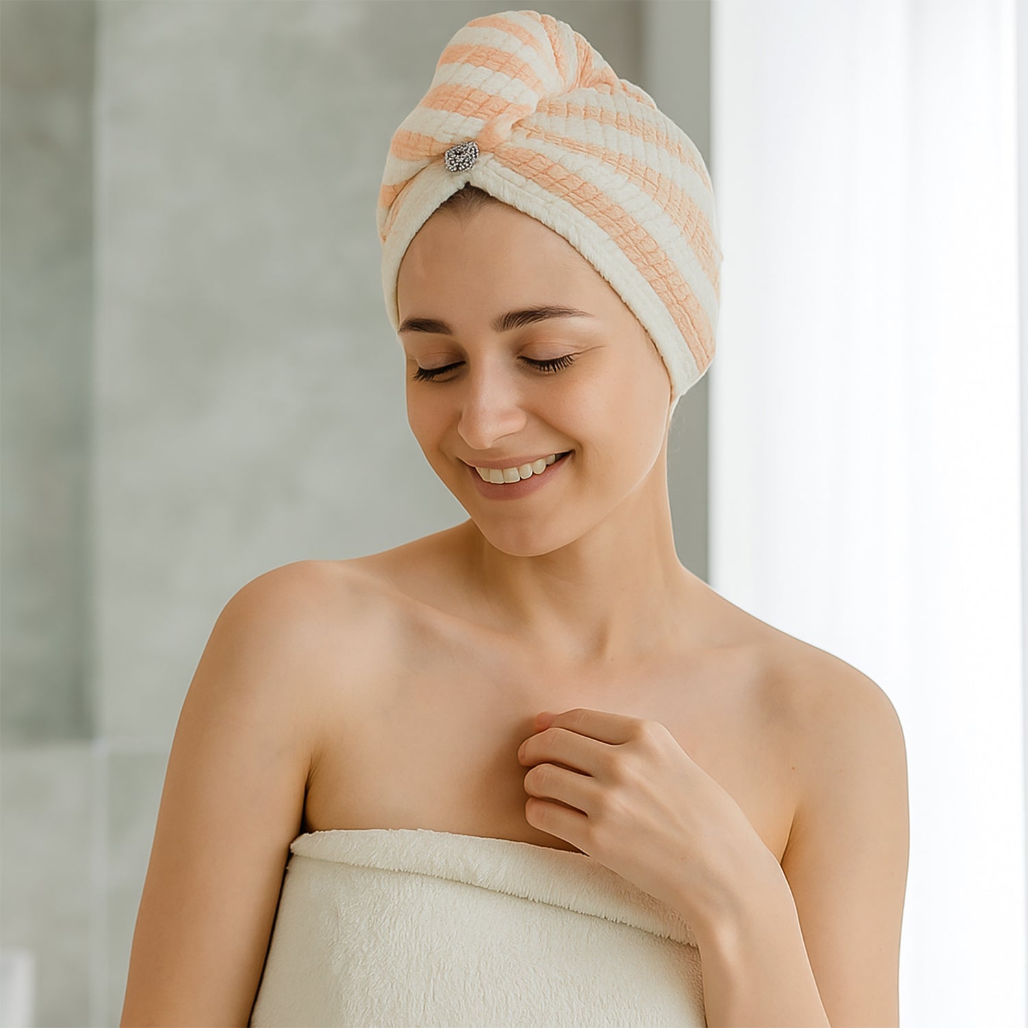 Microfiber hair towel wrap showing tapered design for easy use