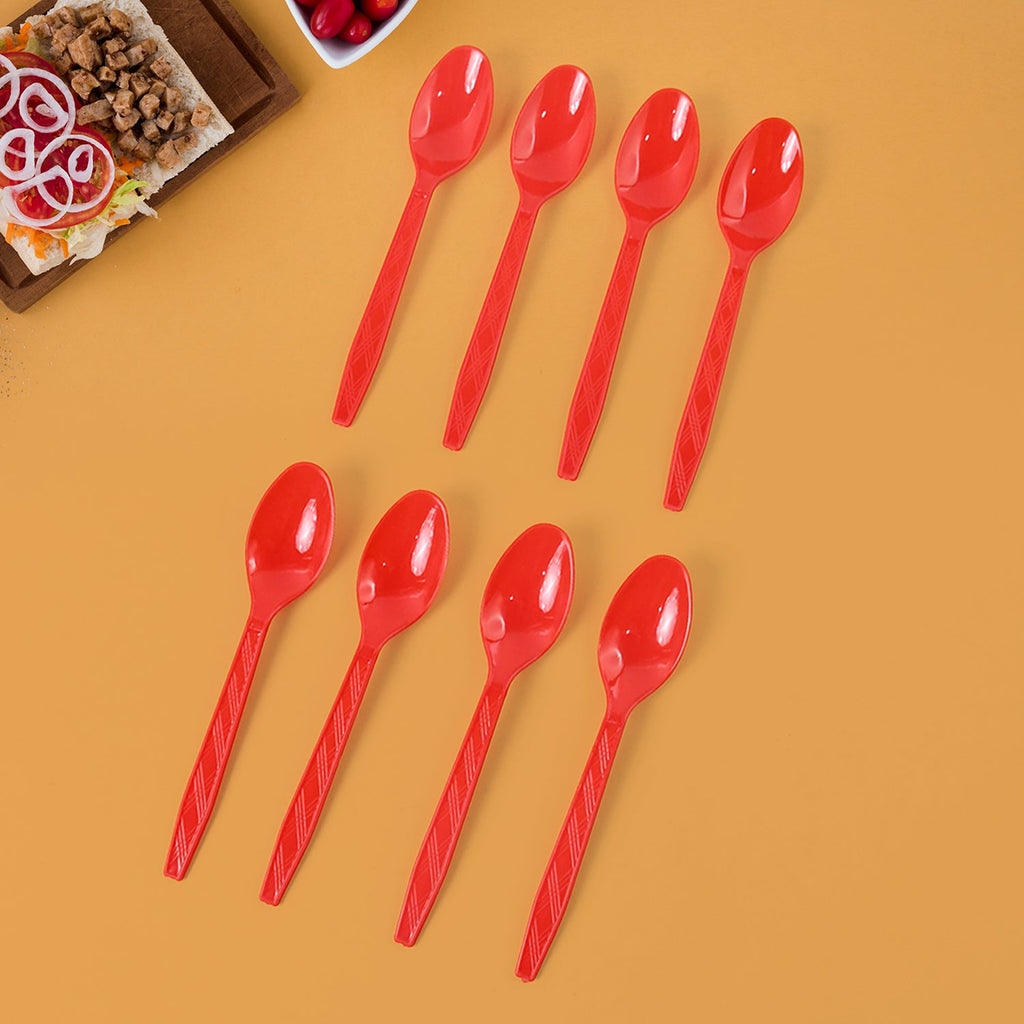 Set of 8 reusable plastic spoons arranged neatly in vibrant colors for home and outdoor use