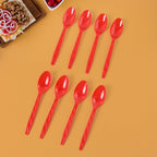 Set of 8 reusable plastic spoons arranged neatly in vibrant colors for home and outdoor use