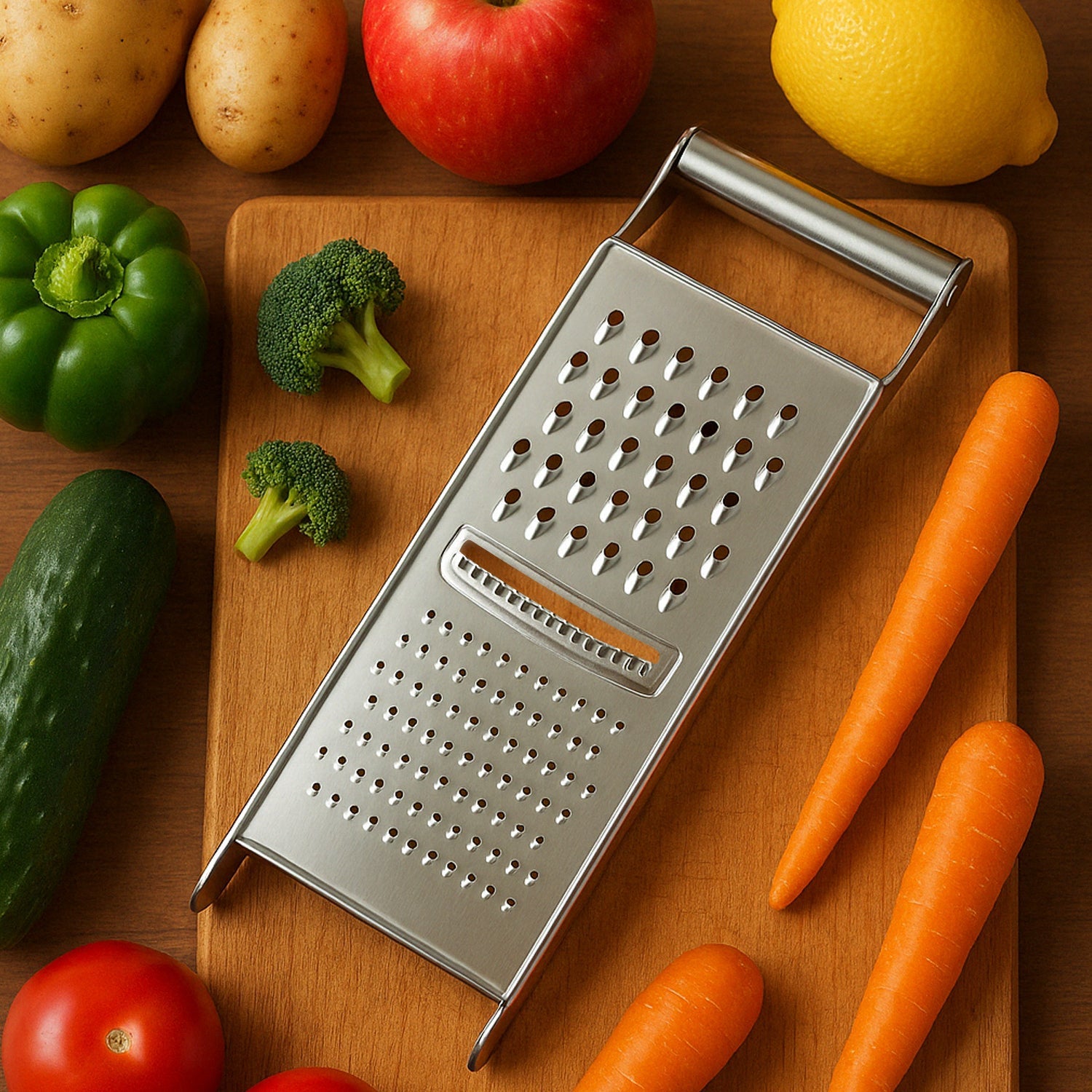 Multipurpose stainless steel grater and slicer tool for vegetables and cheese