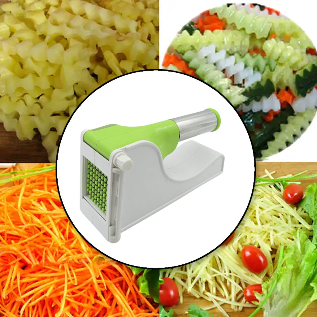 Close-up of the potato chipper's sharp blades and clear collection container.