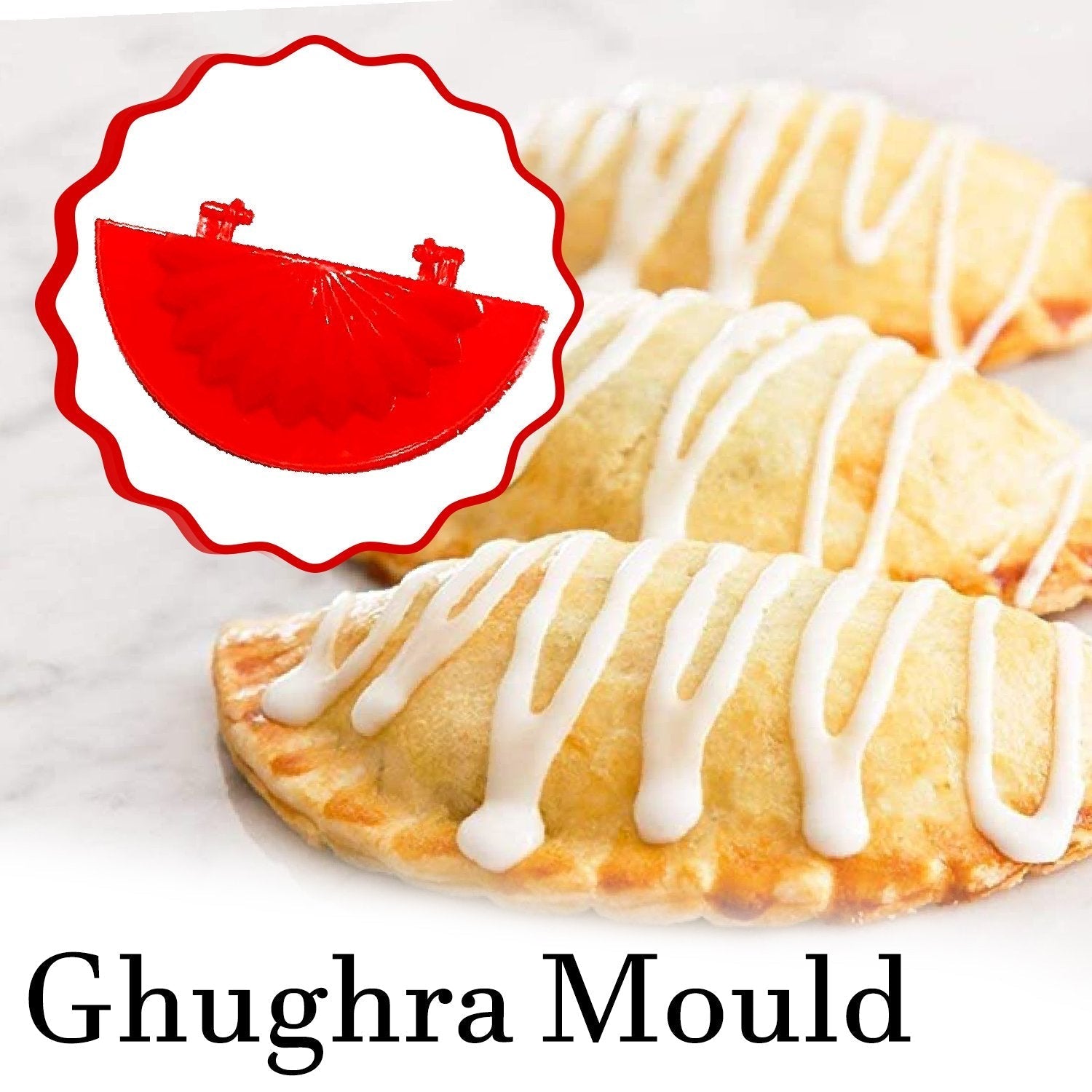 Display showing the four red plastic dough press moulds in different sizes.