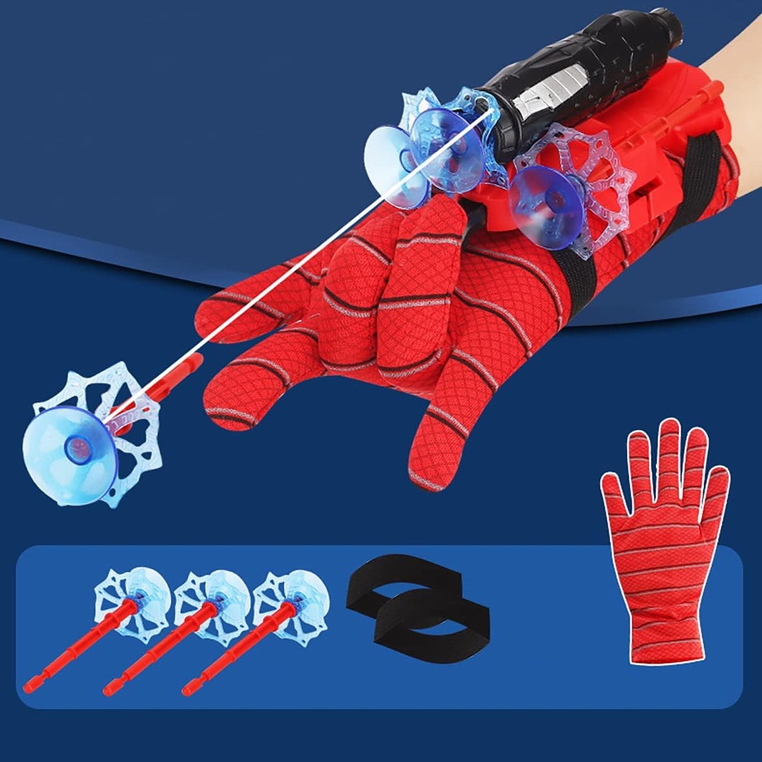Web Shooter Toy glove launcher with red suction cup projectiles.