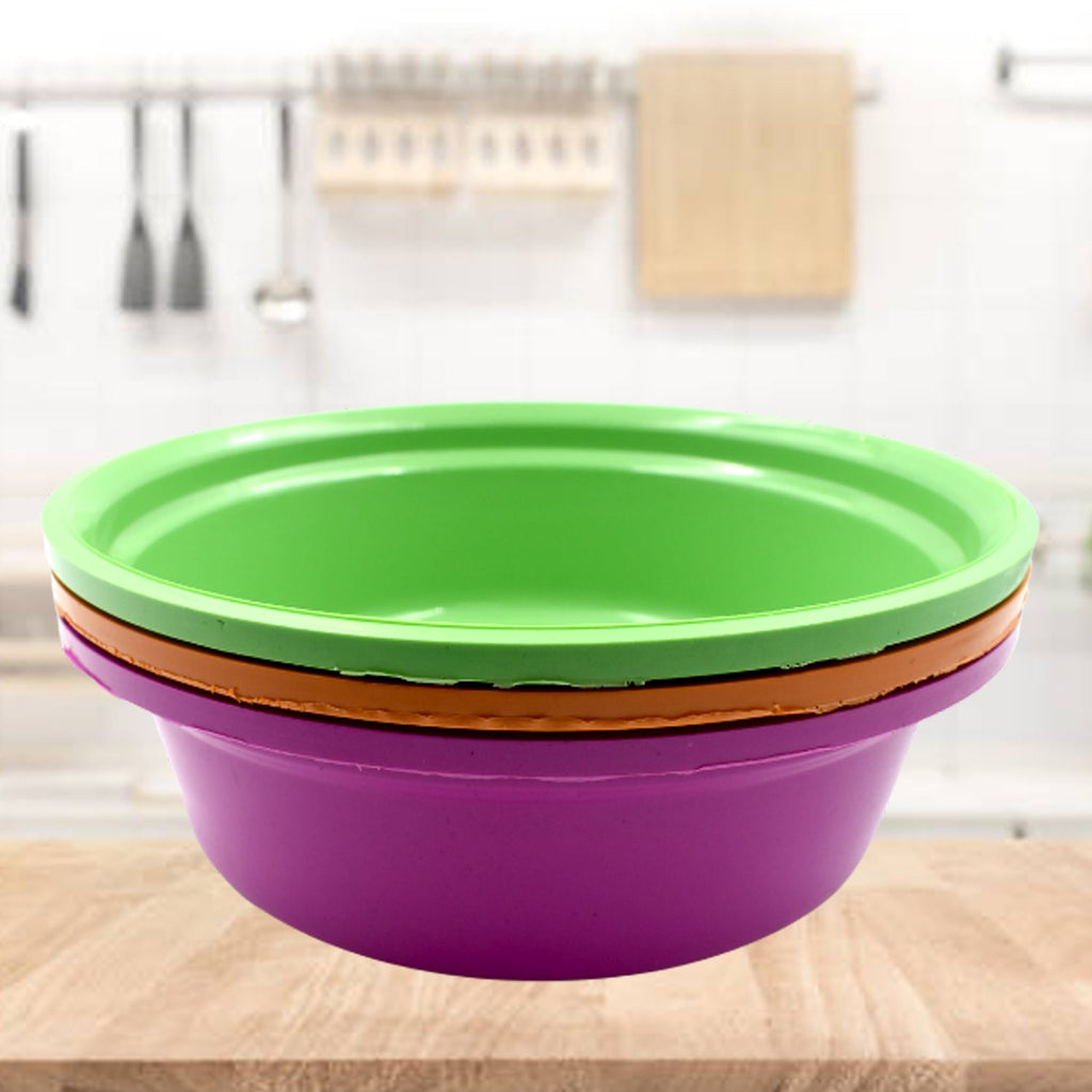 Top view of a round plastic bowl, showcasing its practical depth and size.