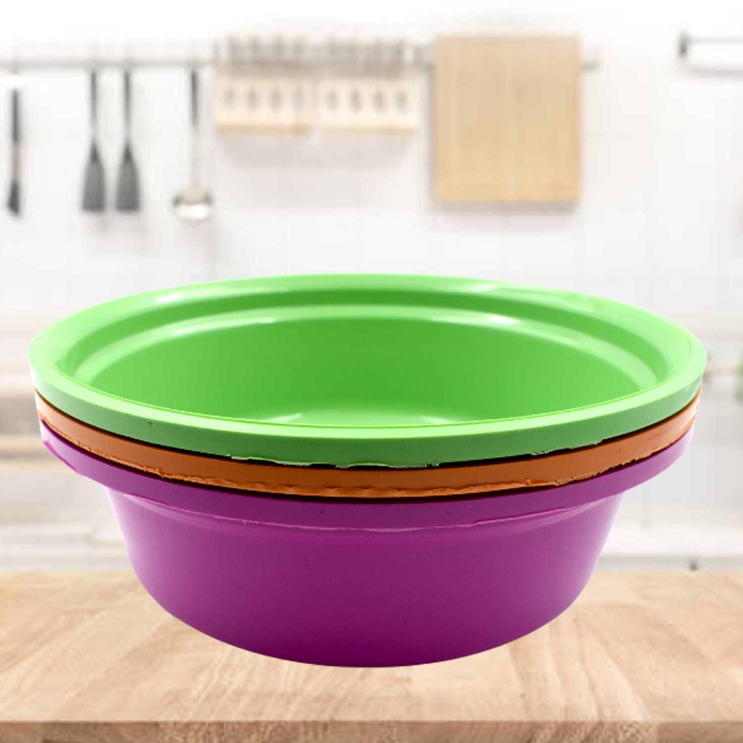 Top view of a round plastic bowl, showcasing its practical depth and size.