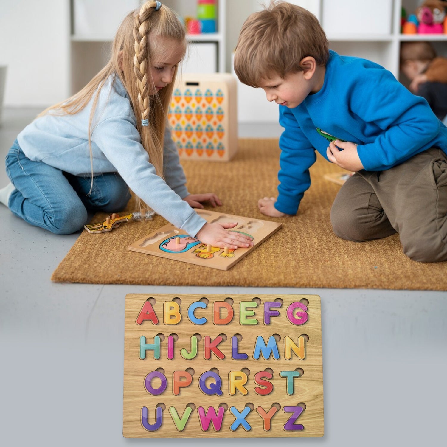 Top-down view of the non-toxic wooden alphabet and shapes puzzle set.