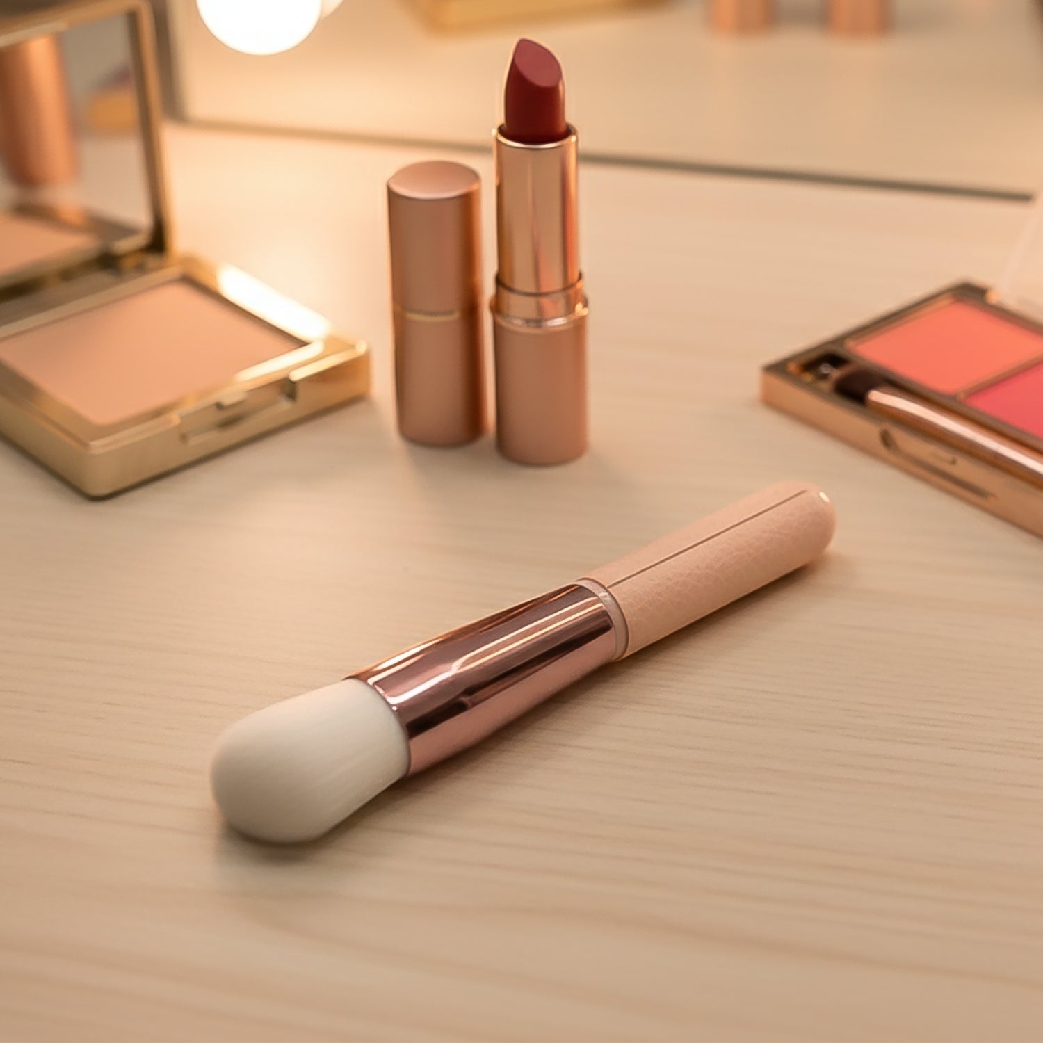 Makeup brush used for foundation and blush application with soft synthetic bristles