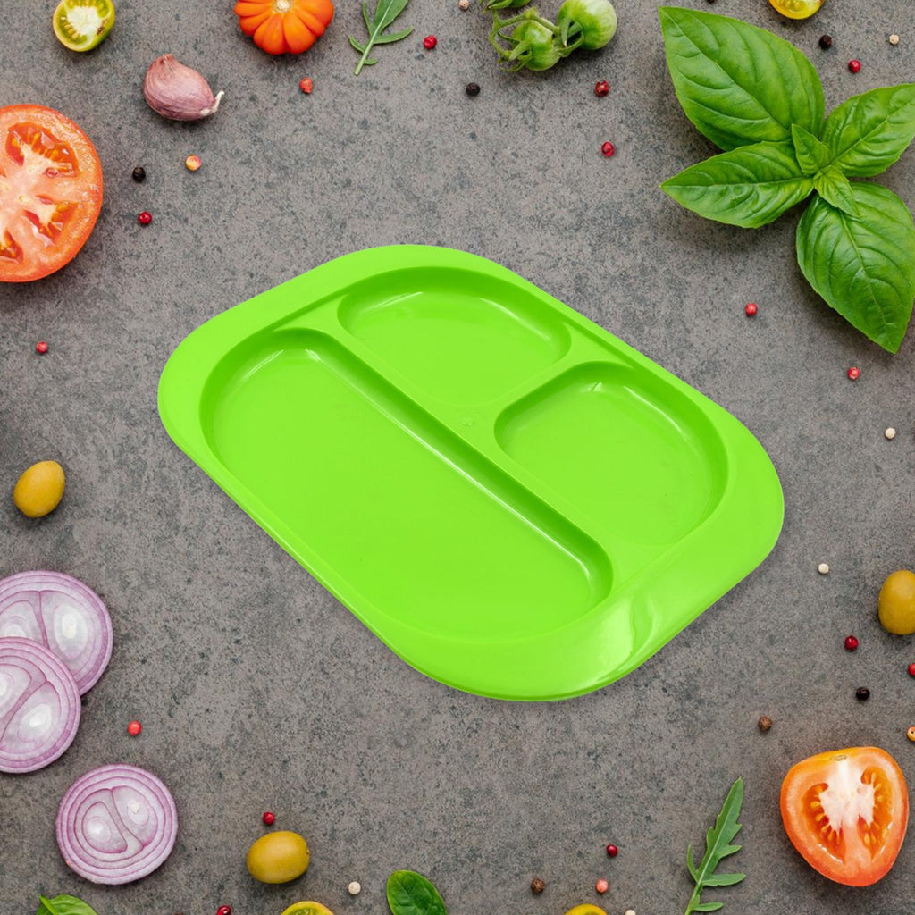 A 3-compartment food plate filled with healthy snacks and fresh fruit.