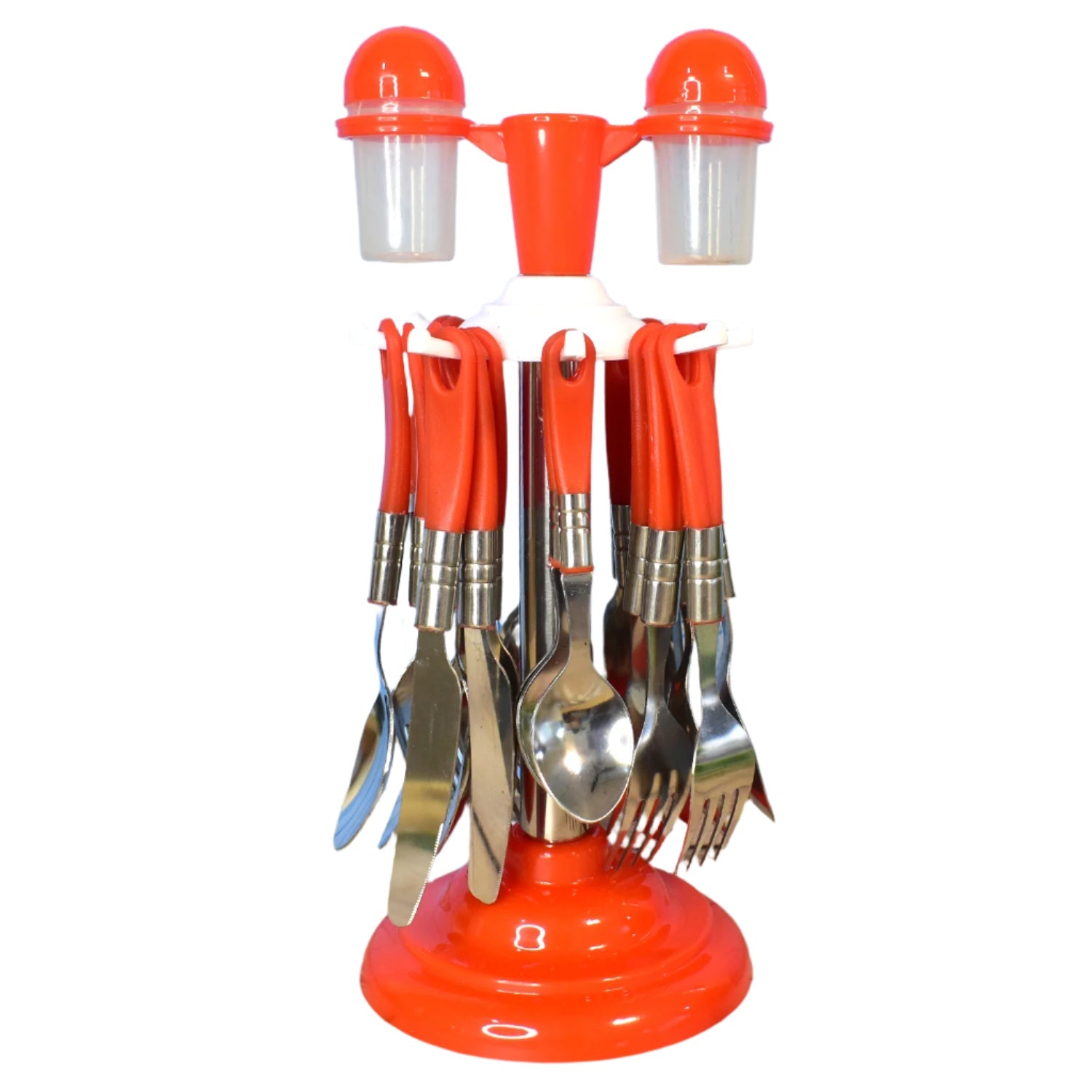 Full view of the TitanVault luxury cutlery set, showcasing all 26 stainless steel pieces within its revolving stand.