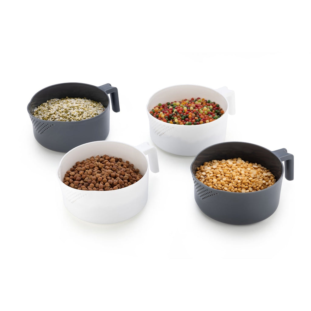 Side view highlighting the compact design and functional aspects of the rice storage dispenser.