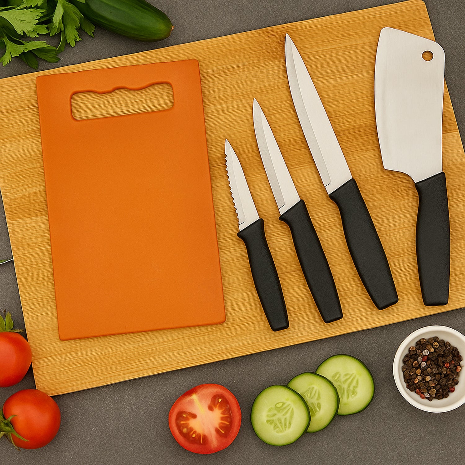 Kitchen knife set with plastic chopping board showing stainless steel blades and ergonomic handles