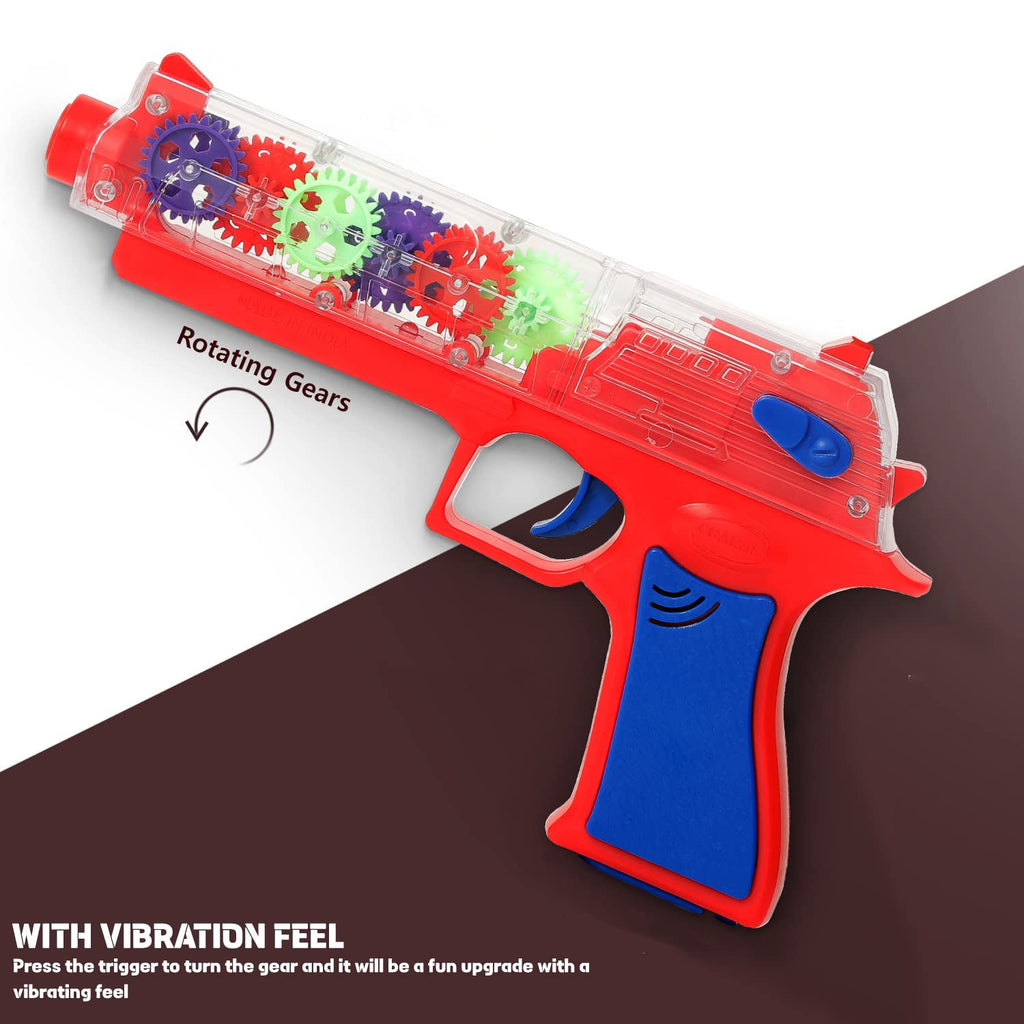 Side view of the kids' Transparent Gear Toy Gun showcasing its transparent design.
