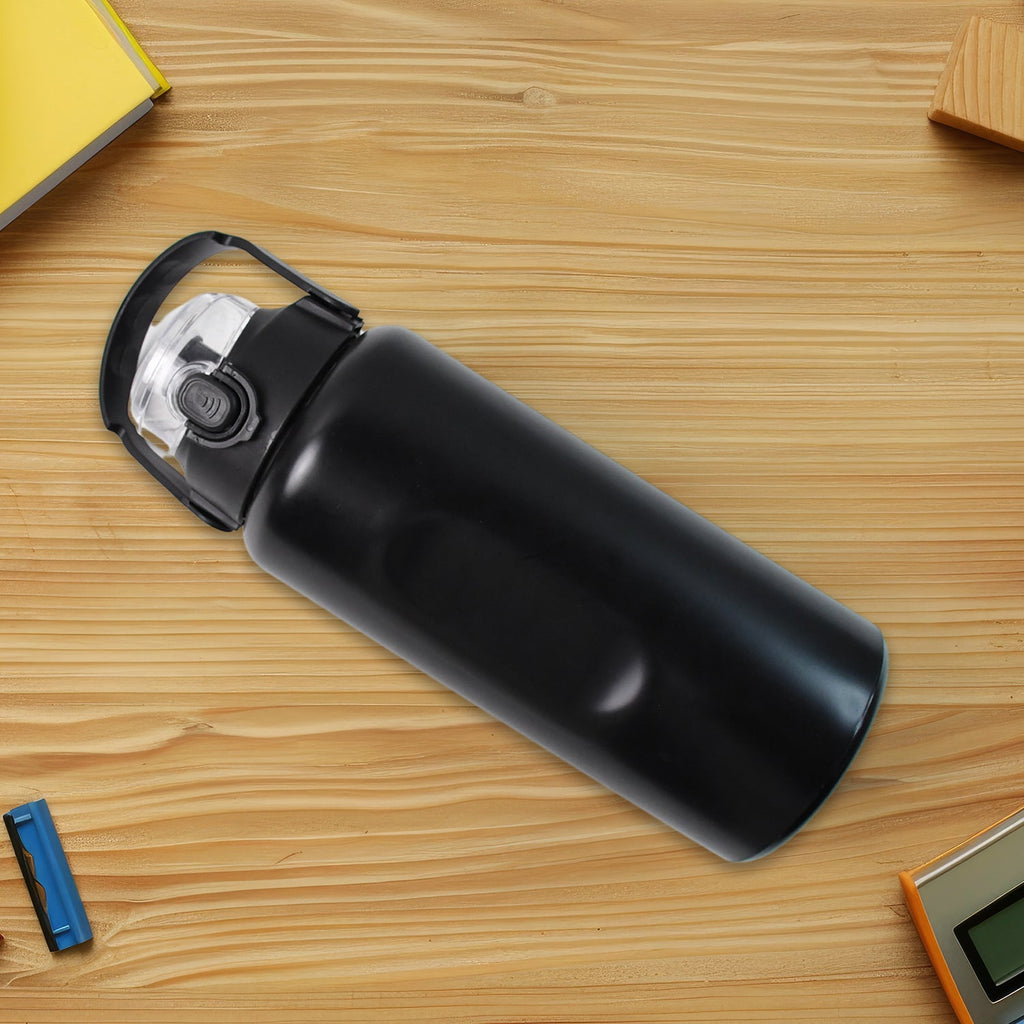 Close-up of insulated stainless steel water bottle with vacuum insulation core