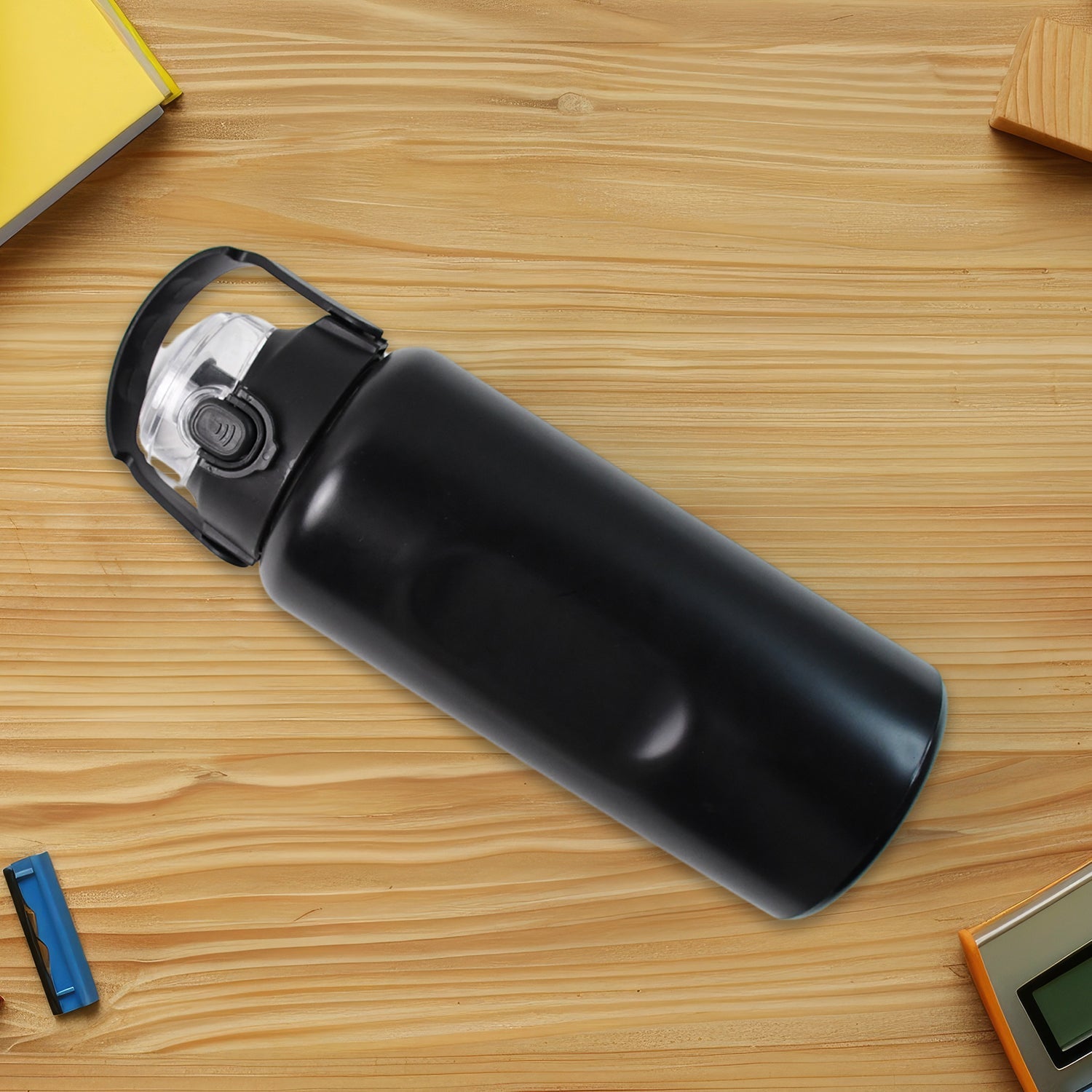 Close-up of insulated stainless steel water bottle with vacuum insulation core