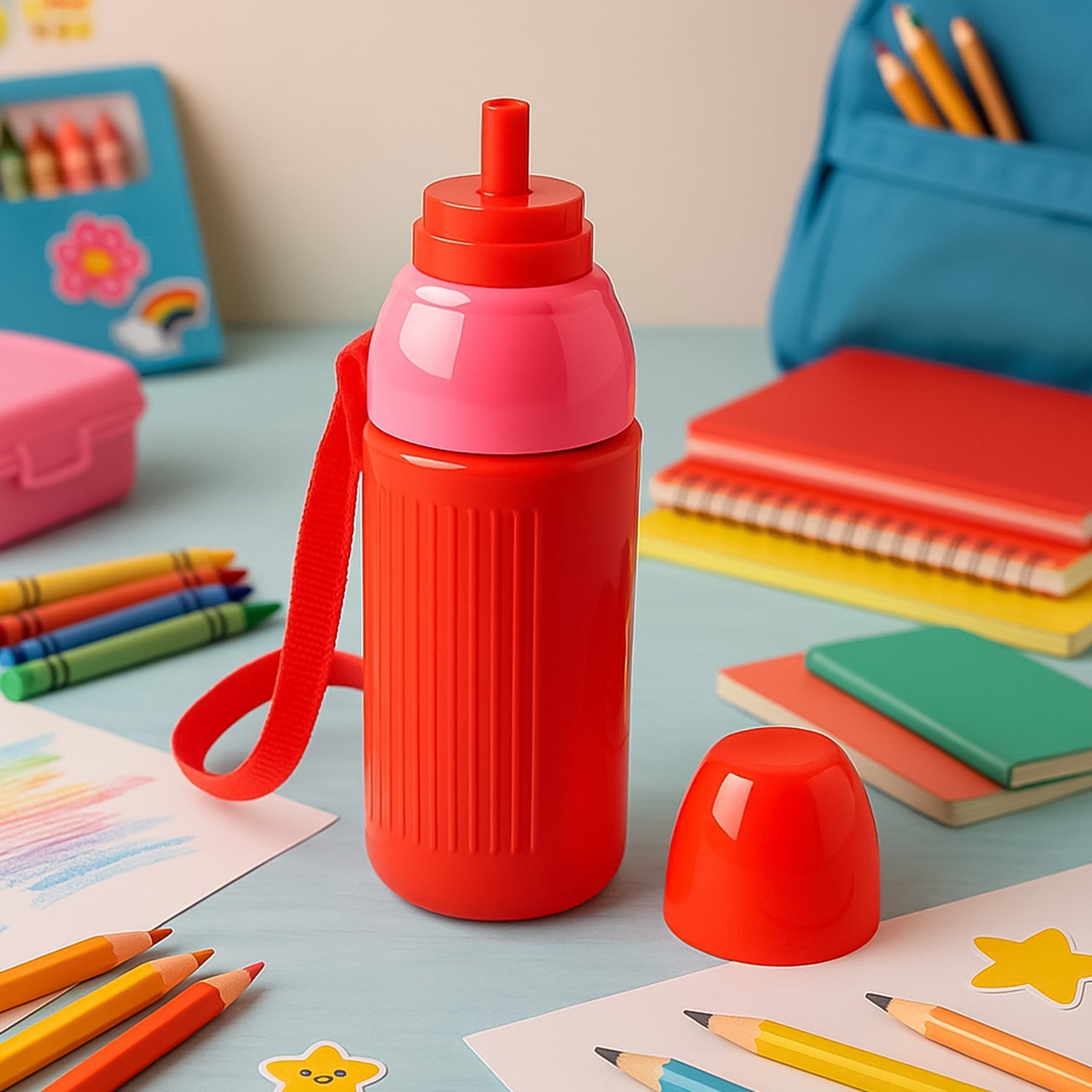 Side view of the 500ml insulated plastic kids water bottle.