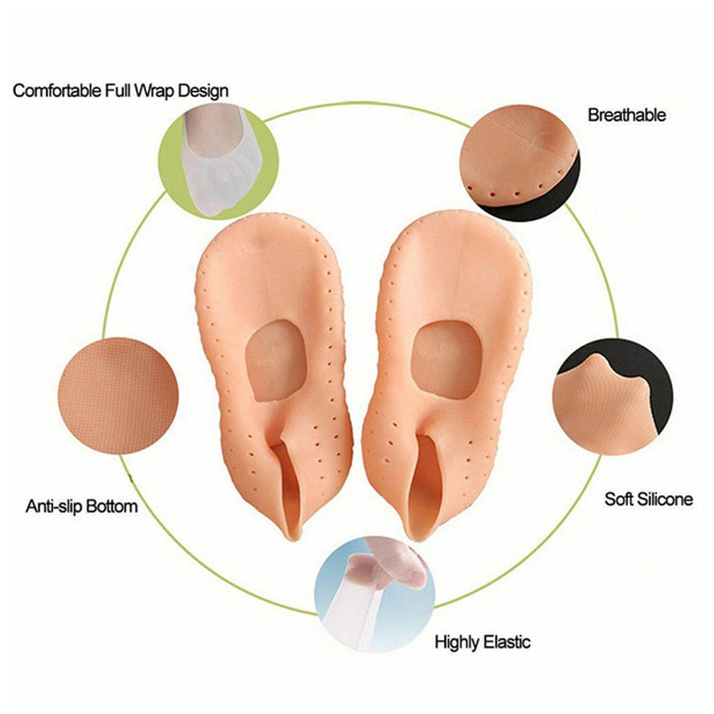 Person wearing toe-free silicone gel socks for cracked heel treatment and moisturizing.